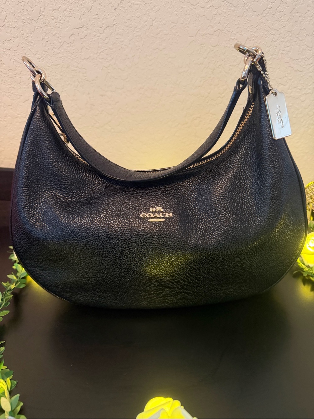 Coach Black Pebbled Leather Crescent Hobo with Silver Hardware
